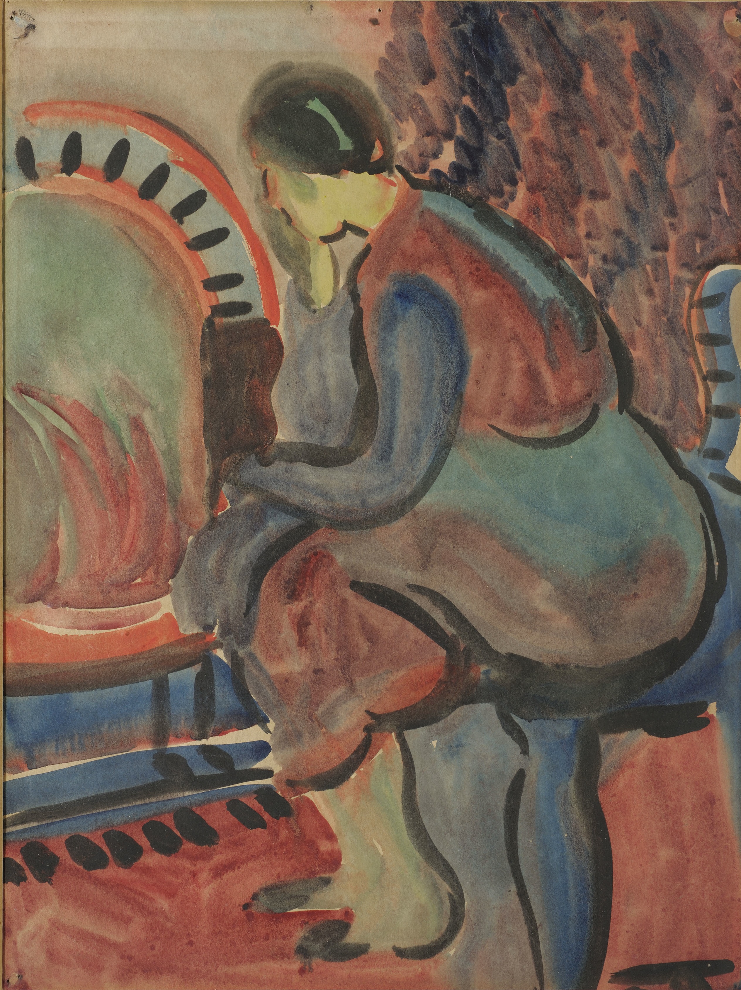 Kathleen Walne, Girl Sitting by Fire, watercolour, 35x26cm, 1930's