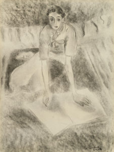 Charcoal drawing from the 1930s of a woman sitting on the floor drawing 