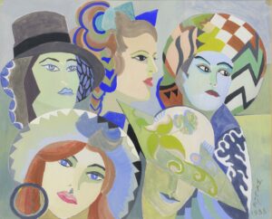 Painting of five women wearing colourful decorative hats