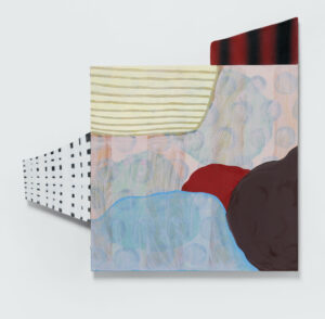 abstract oil painting with areas of pattern and colours including gold, red, pink and blue